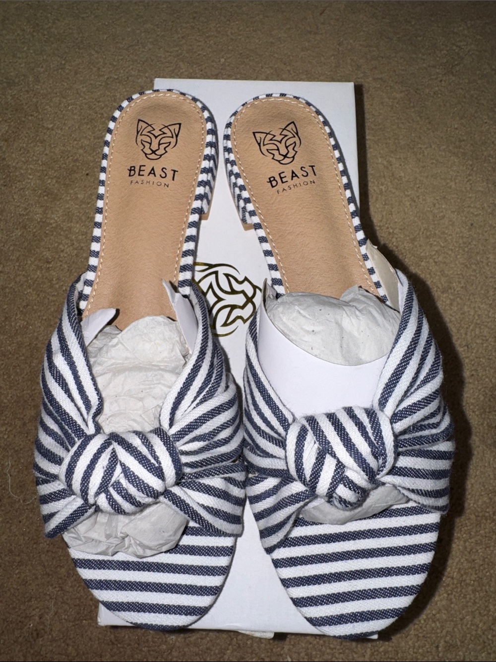 BEAST FASHION Navy and White Striped Knot Slide Mules